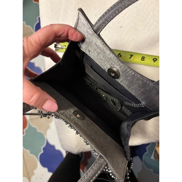 Vintage Black Satin Evening Bag Cascading Beaded Pearl Detail Double Handle Form - Picture 5 of 7